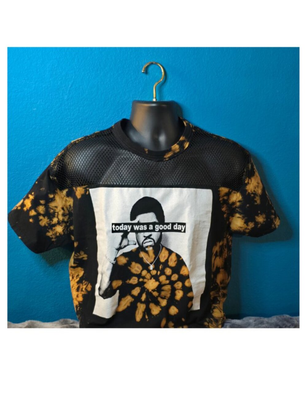 Custom Ice Cube Today Was a Good Day Reverse Dye Fishnet Shoulder T-Shirt L